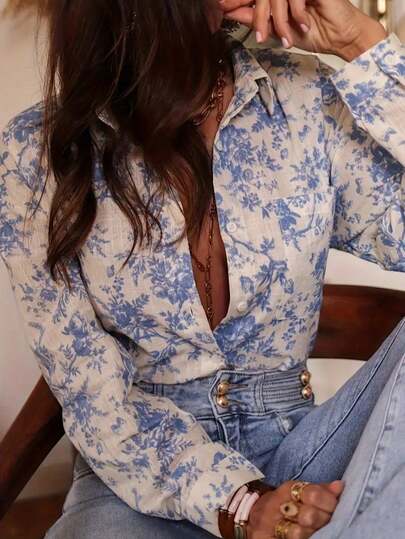 Kadınlar İçin Günlük Tatil Stili Çiçek Desenli Patchwork Cepli Uzun Kollu Gömlek, İlkbahar/Sonbahar