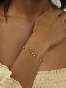 1pc Stainless Steel Gold Color Bracelet, Women's Twist Chain Bracelet, Double Layer Bracelet, Delicate Thin Cord Chain With Beads, Suitable As Gift - Gold - View 2