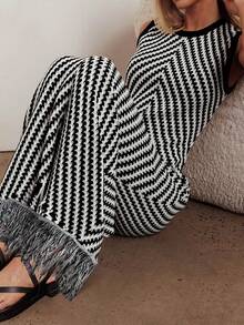 女士时尚简约优雅撞色条纹针织无袖连衣裙