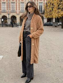 Women's Elegant Jacquard Long Sleeve Button Down Long Casual, Date, Street Wear Coat, Autumn/Winter - Brown - View 5