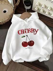 Chaqueta con Capucha para Mujer de Cereza Negra con Estampado Gráfico y Letras Rojas en Relieve, Diseño Frutal, Sudadera Casual con Cordón Ajustable, Lavable a Máquina, Cómoda para Todas las Estaciones,  Duradera - Blanco - Ver 6