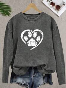 Comfortable Breathable Long Sleeve Heart Animal Paw Print T-Shirt, Casual Crew Neck Sports Tops For Summer Women's Clothinggifts For Mom-Free Shipping - Dark Grey - View 6