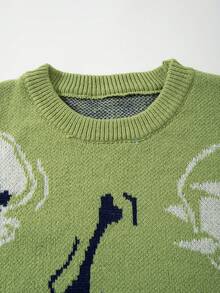 ANDREILEE 男士休闲恐龙印花圆领宽松套头毛衣，百搭街头风，适合春、秋、冬三季穿着。 - 綠色 - 查看 3