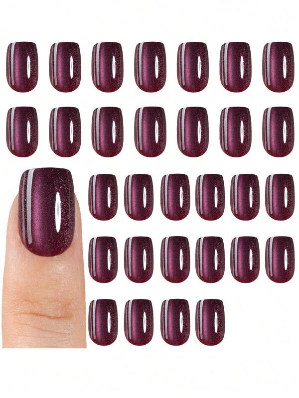 30pcs Acrylic Short Square/Almond Shape Lotus Pink Glossy Cat Eye Press-On Nails, Shiny Gradient Cat Eye Design Fake Nails Suitable For Women's Festivals, Casual, Daily Life, Spring/Summer Nail Decoration Nail Supplies