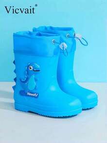 Cartoon Kids Rain Boots, Girls Mid-Calf Rain Shoes, Boys Waterproof Rubber Boots - Mint Blue - View 2