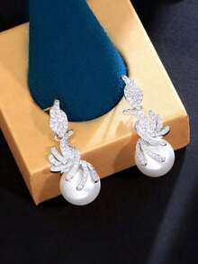 1 Pair Silver Plated CZ Pearl Dangle Drop Earrings, Cubic Zirconia 925 Sterling Silver Post Bridal Jewelry For Women Brides, Wedding/Engagement/Banquet/Party Gifts For Female Bridesmaids, Christmas Gift HAHV - 白色 - 查看 8