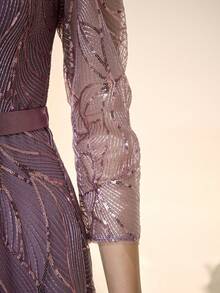 女士新款圆领亮片蕾丝腰带优雅A字晚礼服婚纱春季 - 淺灰紫 - 查看 11