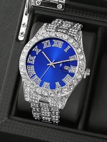 Set de 4 piezas de reloj de cuarzo de moda para hombres con colgante de cruz de circonita azul y pulsera - Regalo de Navidad perfecto, set de reloj con calendario y rhinestones