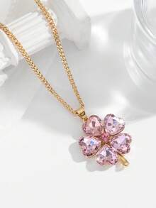 1pc Fashion Luxury New Rhinestone Inlaid Glass Clover Pendant Necklace, Suitable For Women's Daily And Party Wear, Gift