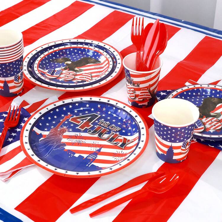 170pcs Independence Day Disposable Tableware Set,4th Of July Disposable Tableware Set Including Disposable Plates, Paper Towels, Paper Cups, Knives, Forks, Banners, Tablecloths,Patriotic With Statue Of Liberty Design, Ideal For BBQs,Picnics,Outdoor Gatherings,Family Reunions - 老鷹(日) - 查看 7