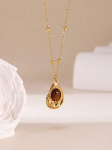 1pc 18K Stainless Steel Asymmetrical Tiger Eye Stone Pendant Necklace, Suitable As Mother's Day Gift - Water Drop - View 5