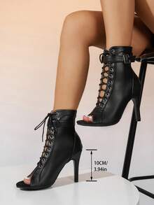 Women's New Fashion Black PU Hollow Criss-Cross Lace-Up Zipper Buckle Strap Open Toe Non-Slip Round Toe Thin High Heel Ankle Boots, Sexy Modern European And American Style Latin Dance Jazz Dance Sandals