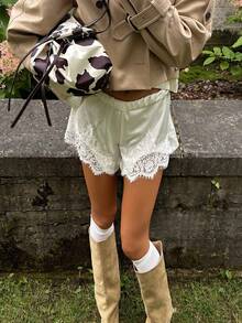 Women's Lace Trim Satin Shorts Shiny Elastic Waist Mini Shorts French Knickers - 香檳色 - 查看 1