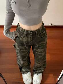 Jeans para mujer Pantalones vaqueros de camuflaje estilo retro americano de High Street para mujer, pantalones sueltos y rectos de verano, cómodos y que estilizan. - Verde militar - Ver 4