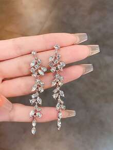 1 对优雅水钻叶流苏夹式耳环，时尚无穿孔耳环，适合女性、婚礼、派对、珠宝礼物 - 銀色 - 查看 11