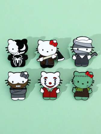 Six Incredibly Creative Sanrio Hello Kitty Brooches Or Badges. These Adorable Metal Badges, Themed Around Characters From Halloween Horror Movies And TV Shows, Make The Perfect Gift For A Friend. They Can Be Worn As Lapel Pins, Backpack Badges, Women's Brooches, Clothing Accessories, Jewelry, Or Fashion Accessories. Great As Halloween Gifts And Party Decorations.