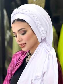 1 件纯色柔软女士系带十字装饰穆斯林头巾围巾（带领带）