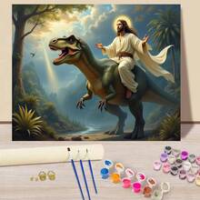 1PC Paint By Number Kits, Jesus Riding A Dinosaur - Dinosaur Themed Religious Art - Wall Decor For Home, Cafe, Office, Living Room - Combines Religious And Dinosaur Elements In An Interesting Way - Ideal For Fashion & Dinosaur Lovers - DIY Painting Kit For Adults Beginners - Acrylic Paint By Numbers With Canvas & Brushes, Complete Art Sets For Home Wall Decor, Living Room, Bedroom, Office(Frameless) - 24色 - 查看 6