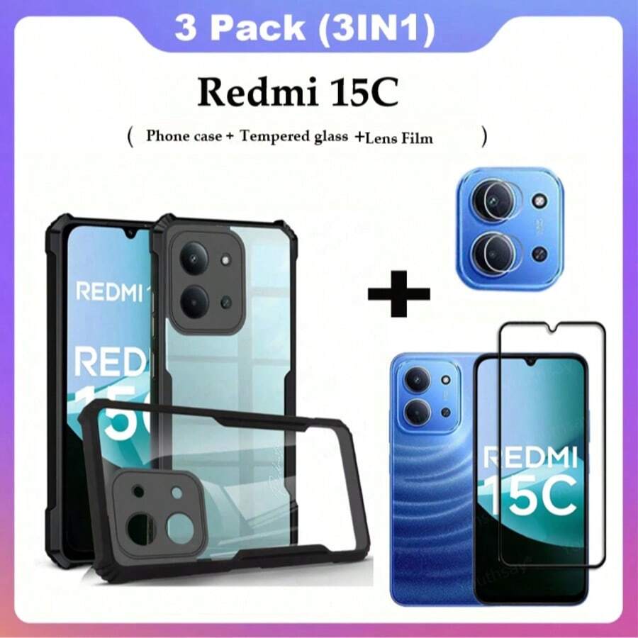 Ốp lưng điện thoại di động Acrylic 3 trong 1 MỚI cho Redmi 15C + Kính cường lực Kunlun Glass + Phim bảo vệ ống kính - màu đen - Xem 1