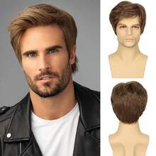 10 Inch Brown & Black Short Textured Synthetic Wig For Men, Versatile For Everyday Wear And Halloween Costumes, European & American Style Short Business Men's Wig, Natural Fluffy Short Hair High Temperature Fiber - Multicolor - View 8
