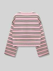 Buzzelle 新款罗纹圆领条纹宽松上衣，喇叭袖条纹长袖T恤，可爱周日休闲装，粉彩色条纹，机场印花T恤，可爱休闲，约会之夜，舒适百搭，返校季，圣诞节，秋冬季 - 粉色 - 查看 8