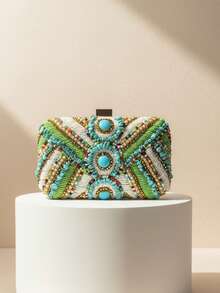 Green Color Embroidery Evening Bags Flap Fashion Beading Party Wedding Clutch Bags For Holiday Christmas Day Gift For Girl Purse Shoulder Chain Handbags - Green - View 9