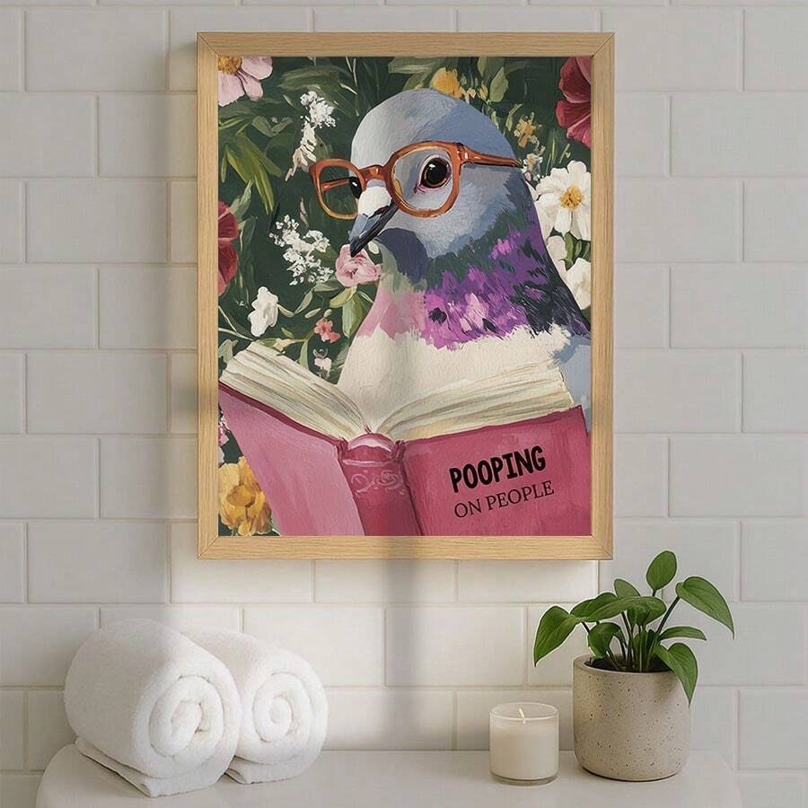 1pc/Set Funny Pigeon Reading Book Wall Arts Canvas Posters Prints - Funny Birds And Animals Bathroom Decorations, Suitable For Toilets, Apartments, Living Rooms, Bedrooms, Modern Home Decorations, Bathroom Decorations,No Frame Include