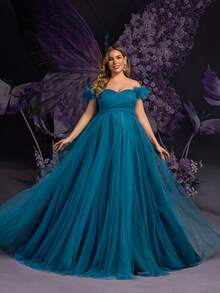 Faeriesty Dressalisa Elegant Off-Shoulder Maternity Evening Dress With Feather Accents - Flowy Sheer Fabric For Spring/Summer Weddings, Baby Showers, Galas & Photo Shoots - Teal Blue - View 1
