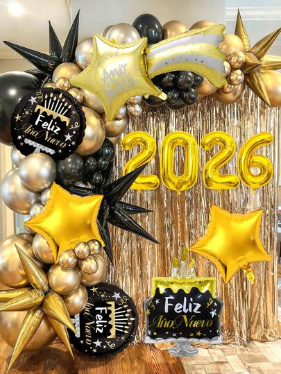 Conjunto de 10 balões para o Ano Novo Espanhol, incluindo dourado 2026, bolo de Feliz Ano Novo Espanhol, meteoro, balão redondo de 18 polegadas e balão metalizado em forma de estrela dourada, adequado para festa de Ano Novo, decoração de véspera de Natal, Natal, adereços para cabine de fotos, festa temática 2026, decoração para evento de celebração de feriado