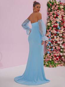 High Slit Zipper Front Formal Evening Gown With Mesh Panels - Baby Blue - View 2