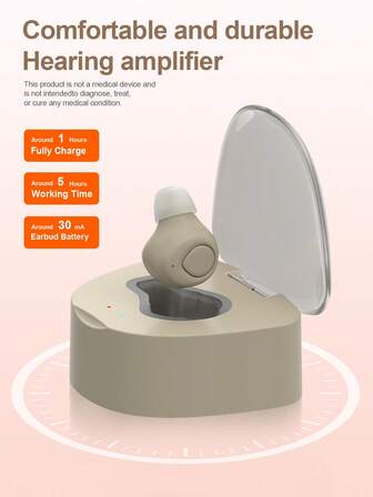 Audífonos recargables mini con caja de carga, fuente de alimentación USB, batería de polímero de ión de litio, audio mejorado, comunicación clara, color caqui.