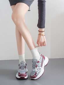 女士春秋新款运动厚底运动鞋，网面透气厚底浅口坡跟休闲鞋，轻便百搭时尚休闲鞋，系带白色，灰色，运动鞋，适合所有季节，酒红色，尺码36-41 - 酒紅色 - 查看 9