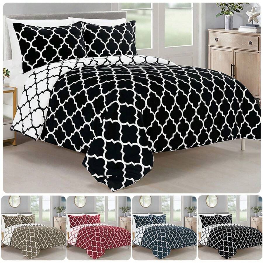 Elegant Comfort All Season Ultra Soft 3pcs Geometric Trellis Comforter Set, Down Alternative Breathable And Comfortable Quilt Luxury Hotel Quality 3 Piece Full/Queen, King/California King And Twin/Twin XL Size Bed Includes 1 Comforter And 2 Pillowcases Bedding Set, Christmas Decorations Gifts, Cozy Winter Styles, Holiday Décor - 黑色 - 查看 1