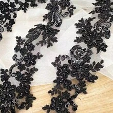 1 Yard White Beaded Embroidered Lace Applique, 6cm Wide Decorative Trim For Dresses, Bridal Gowns - Black - View 3
