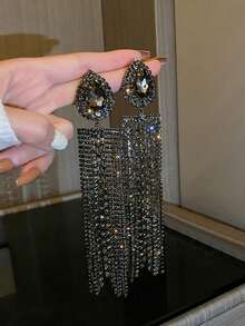 Andkiss Rhinestone Tassel Drop Earrings - Black - View 4