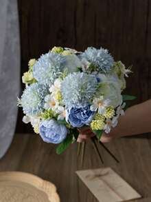 MEHELANY 1束蓝色仿真牡丹花束，仿牡丹，丝绸仿真菊花花束，适合作为女士礼物、家居装饰、生日派对中心装饰、桌面摆件、花瓶插花、室内外节日派对装饰、DIY新娘捧花、婚礼仿真花卉装饰 - 藍色 - 查看 2