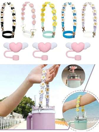 1 件手工编织水瓶携带绳，带硅胶环，配有云朵吸管盖，花朵图案，波西米亚风格雏菊水瓶带，适用于杯子，非常适合户外活动和运动，适用于大多数 8-40 盎司水瓶，杯子配件，户外配件