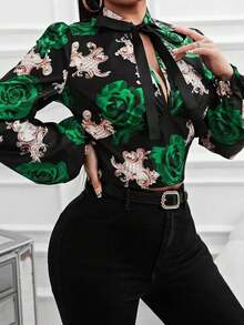 Ditsy Floral Long Sleeve Blouse, Fashionable For Commuting Vacation Spring - Multicolor - View 6