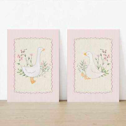 Vintage rosa fåniga gås väggkonsttryck set om 2, rosa randigt vägggalleri, söt blommig flickor sovrumsdekor, gås djurväggkonst, Cottagecore retro väggdekorationsmålning, heminredning vardagsrum, ingen ram