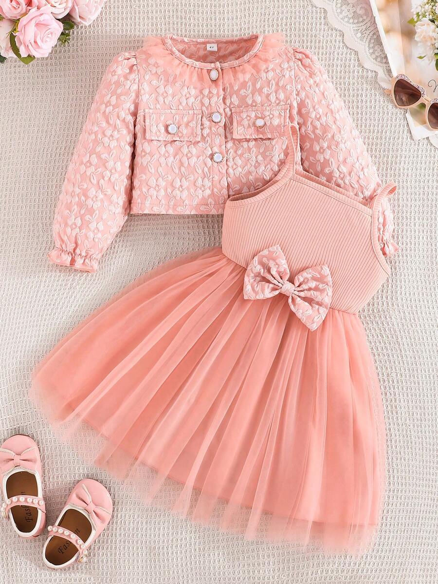2pcs/Set Young Girls Birthday Party Gift, Fashion 3D Print Jacket And Striped Bowknot Mesh Slip Dress - Pink - View 1