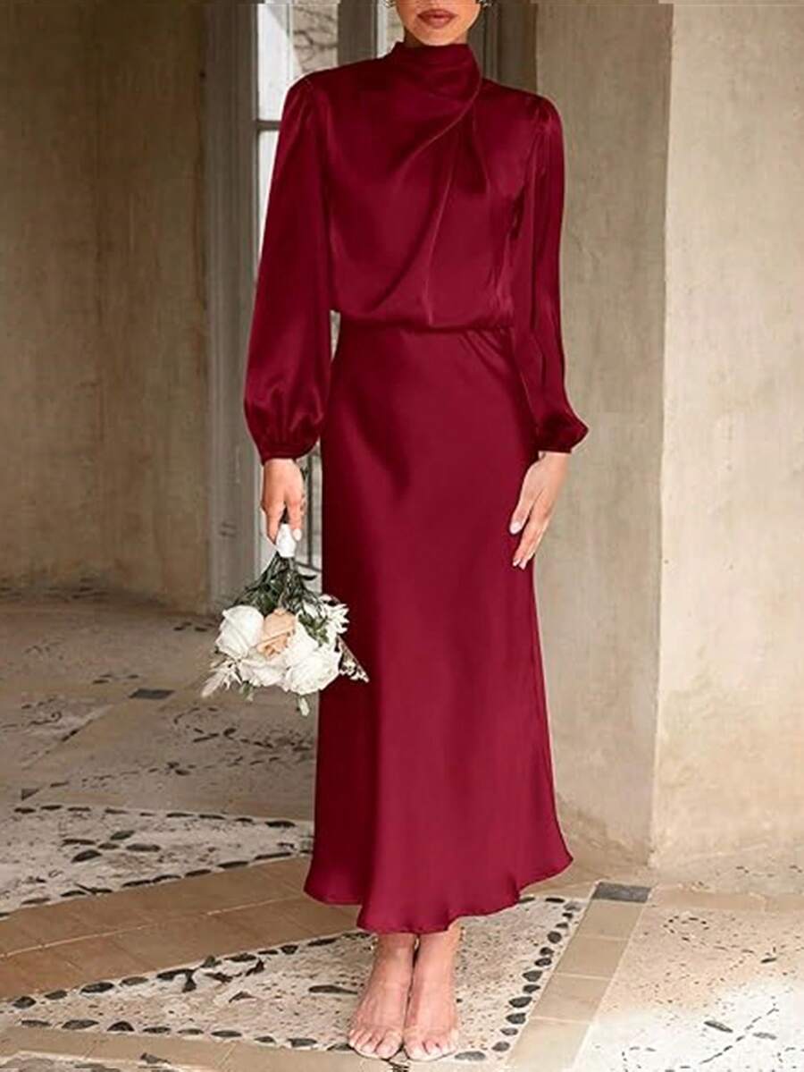 Satin Long Sleeve High Neck Ruched Asymmetrical Elegant Formal Dress, Suitable For Cocktail Party, Bridesmaid - Burgundy - View 1