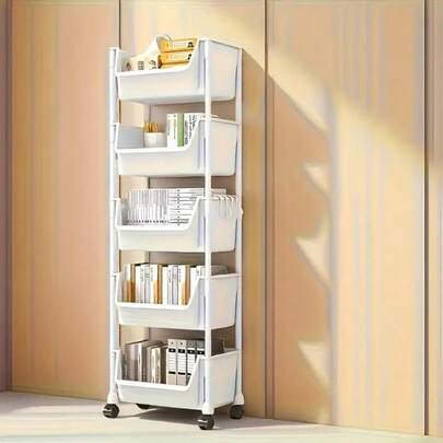 3/5-Tier Mobile Portable Cart With Detachable Shelves And Storage Organizers - Durable Plastic Rolling Cart With 4 Wheels, 4 Hooks, Suitable For Home, Office, Grocery Store, Living Room Essentials - White, Multi-Functional Shelving Unit, Modern Aesthetics, Sturdy Structure, Home Organization, Minimalist Design, Easy-Grip Handles, Home Organizer, Space-Saving Solution, Storage Solution