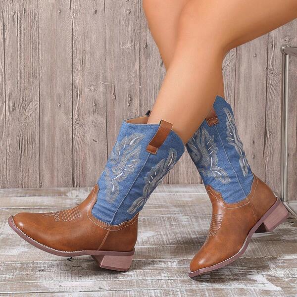 Women's Thick Heel -On Embroidered Brown Western Ankle Booties, Go With Sweater Square Toe Mid-Calf Fashion Cowboy Boots, New Autumn Winter Short Shaft Riding Boots