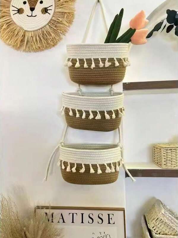 3-stufiger wandmontierter Geflecht-Aufbewahrungskorb, Haushaltsorganisationskorb für verschiedene Artikel, Bastelbedarf, Schreibwaren