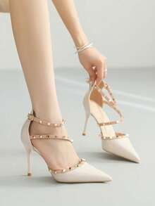 Clariva 铆钉复古米色高跟鞋性感尖头单带米色浅口鞋，优雅细高跟鞋，性感封闭式鞋头单带米色凉鞋，舒适的小众尖头凉鞋搭配连衣裙，派对鞋 - 米色 - 查看 12