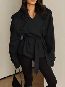 Women's Navy Blue Lace-Up Windbreaker, Waterfall Collar, Long Sleeve, Made Of Regular Non-Stretch Woven Fabric - Black - View 4