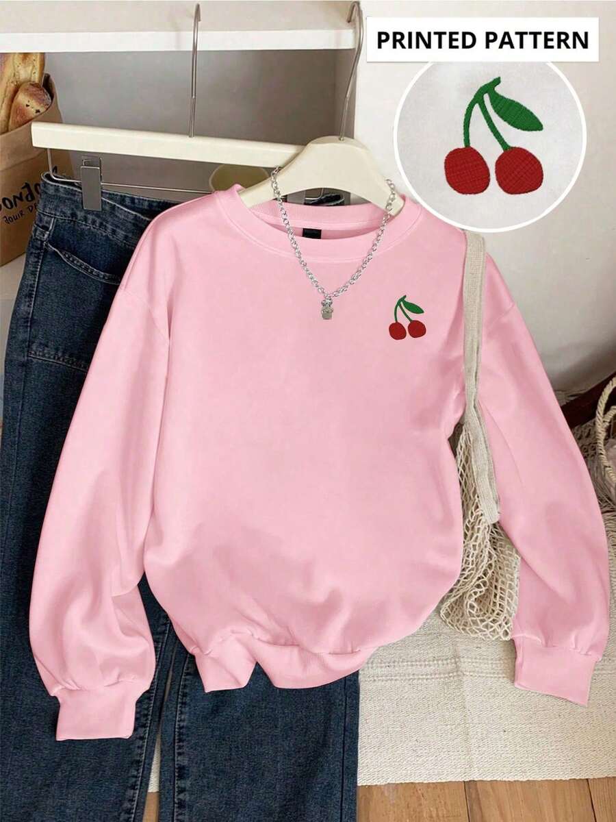 Sudadera para mujer estampado cereza pequeña tierno femenino cuello redondo y puños estampado  calientita para el frio invierno otoño primavera - Rosa - Ver 1