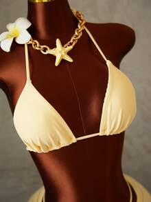 3件套 SS26 新款女士比基尼套装，优雅性感聚拢三角沙滩装，时尚复古风，浅黄色泳衣沙滩套装，女士夏季派对沙滩装 - 淡黃色 - 查看 10