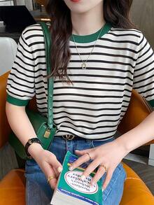 Top de rayas para mujer,Camiseta de punto con cuello redondo estampado,Camiseta de manga corta casual sencilla y versátil - Verde - Ver 5