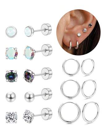 8 Pairs Titanium Steel Earrings For Sensitive Ears Hypoallergenic 20G Stainless Steel Stud Hoop Earrings For Women Men 18K Gold Plated Small Opal Ball CZ Flat Back Earrings Cartilage Earrings Hoop Studs Birthday Gift, Date Night & Daily Wear Jewelry